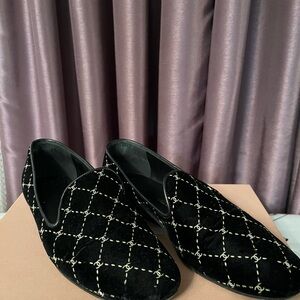 CHANEL Black Velvet with gold CC Slip-On